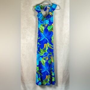 Pomare Vintage Hawaiian Maxi Dress Size 12 Tropical Aloha Floral 70s Ruffle Neck